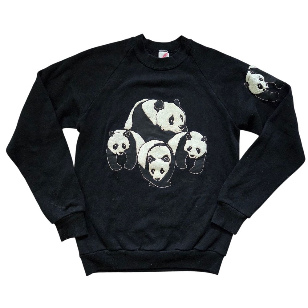Vintage 90s Black Panda Graphic Crewneck Sweater Jerzees Medium Print Sweatshirt